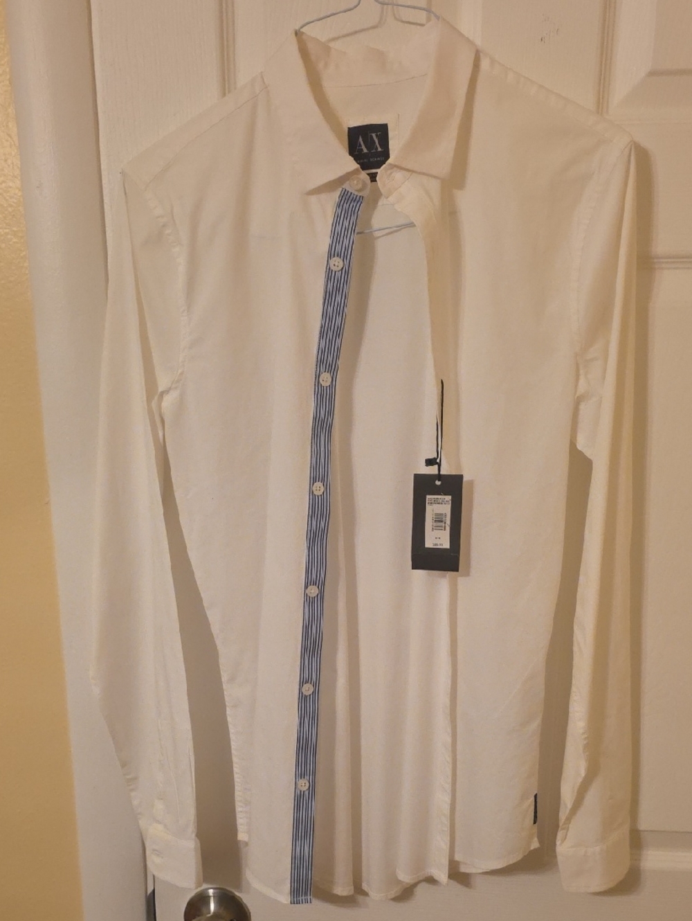 A/X Armani Exchange White Dress Shirt with Blue Striped Placket
